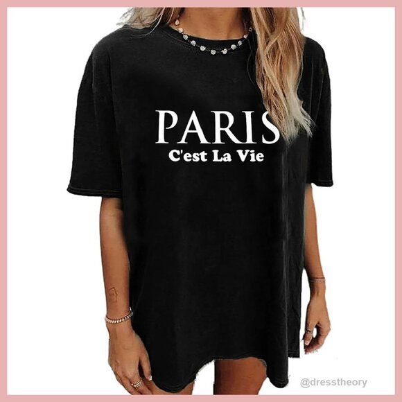 Tops - Oversized Paris Graphic Tee Women's Short Sleeve Crewneck Casual Shirt